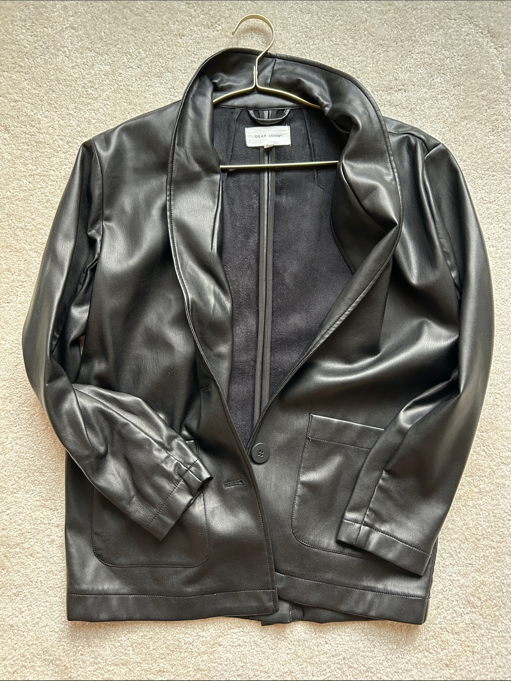 Dear John Black XS Faux Leather Shawl Collar Blazer